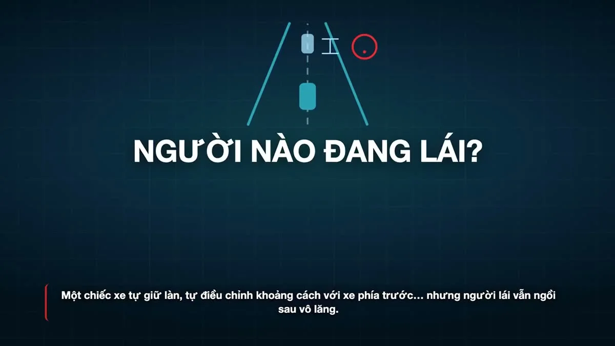 Đồ họa "Người nào đang lái?" với biểu tượng hai xe trên làn đường. Ảnh: khung hình từ video TC Motion